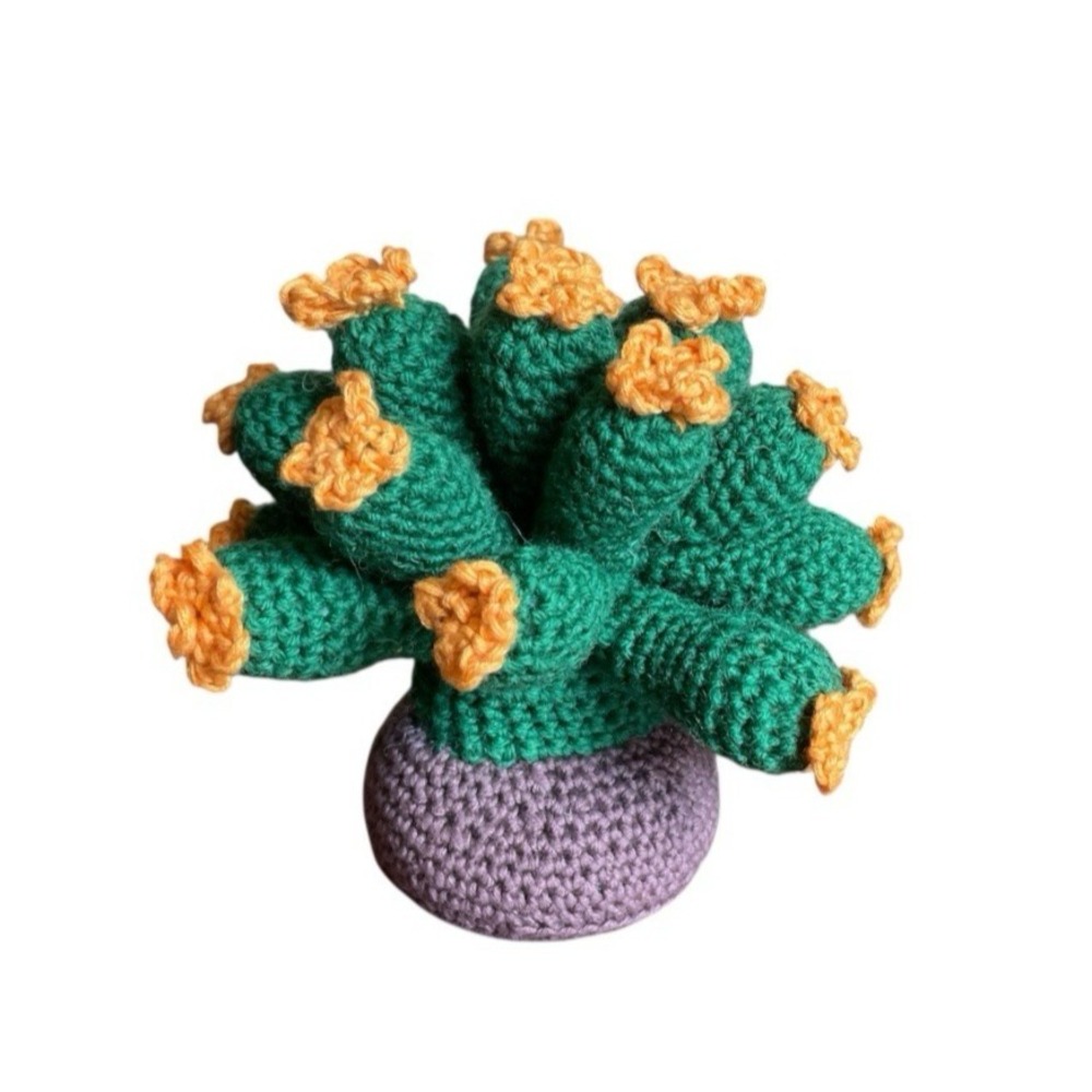 Handmade Blooming Cactus Crochet Succulent with Orange Flowers Desk Decor
